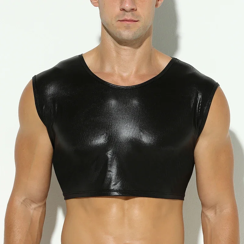 Mens Tank Top Clubwear Stage Costume Crop Tops Faux Leather Muscle Performance Male Sleeveless Vest Undershirt