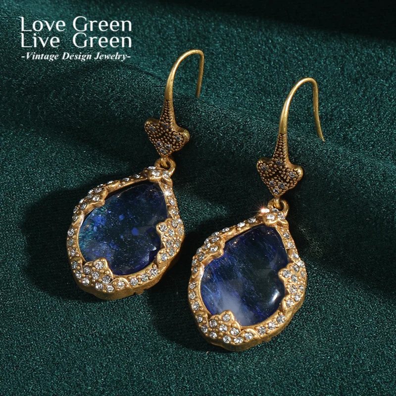 

Vintage Blue Natural Stone Drop Earring Water Droplet Cat Eye Gold Color Rhinestone Jewelry Designer Quality Luxury Gifts 2025