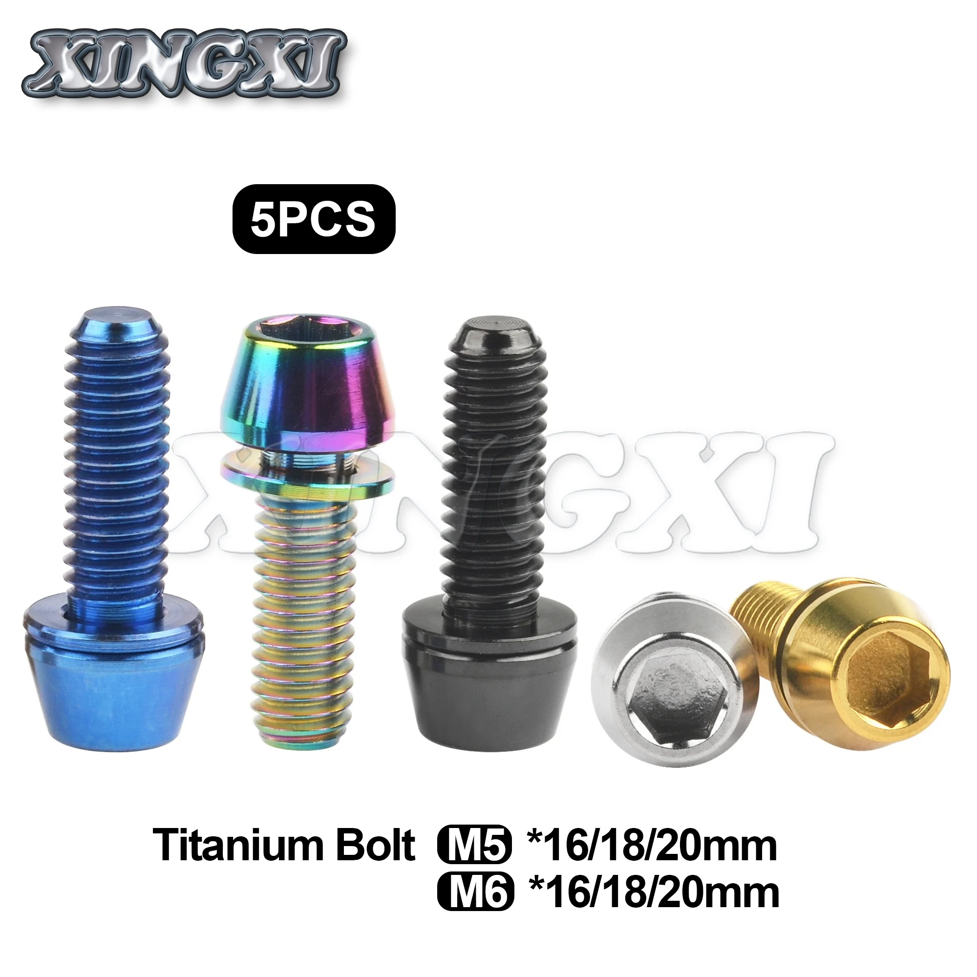 Xingxi 5Pcs Titanium Bolt  M5/M6x16 18 20mm Taper Head With Washers For Bicycle Disc Brake Stem Clamp