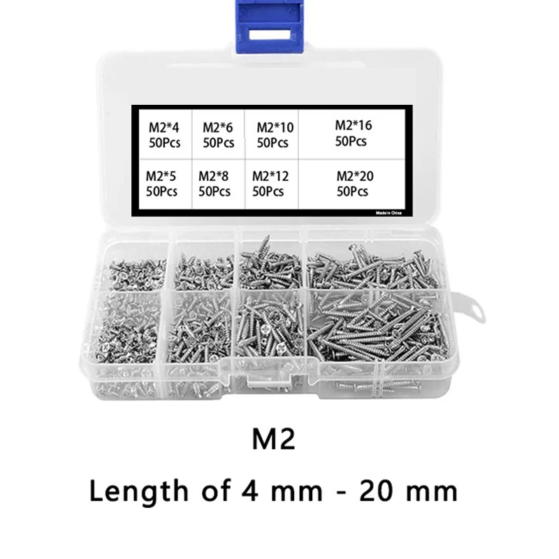 400Pcs M2 Cross Flat Head Self Tapping Screw Assortment Kit Wood Thread Nail Screw Sets DIY Countersunk Head Smal Scres