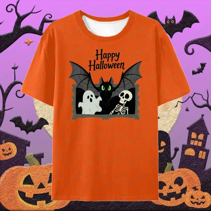 

Men's and women's creative bat printed T-shirts, skull and ghost printed T-shirts, Halloween happy casual quick drying T-shirts