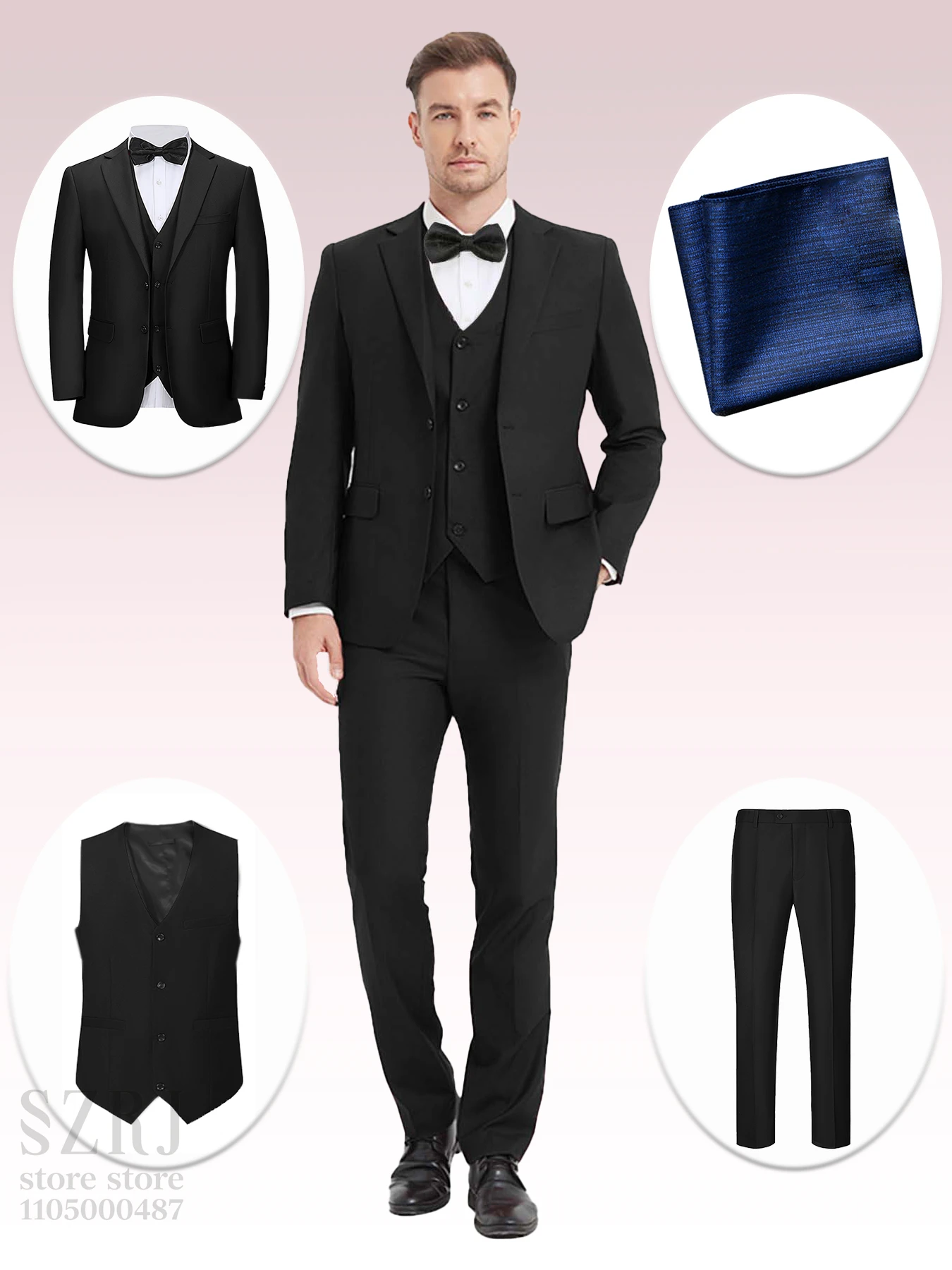 

4pcs Classic Business Suit: Blazer, Vest, Pants, Pocket Square - Quality, Comfort, Stylish Lapel | Weddings/Parties/Business