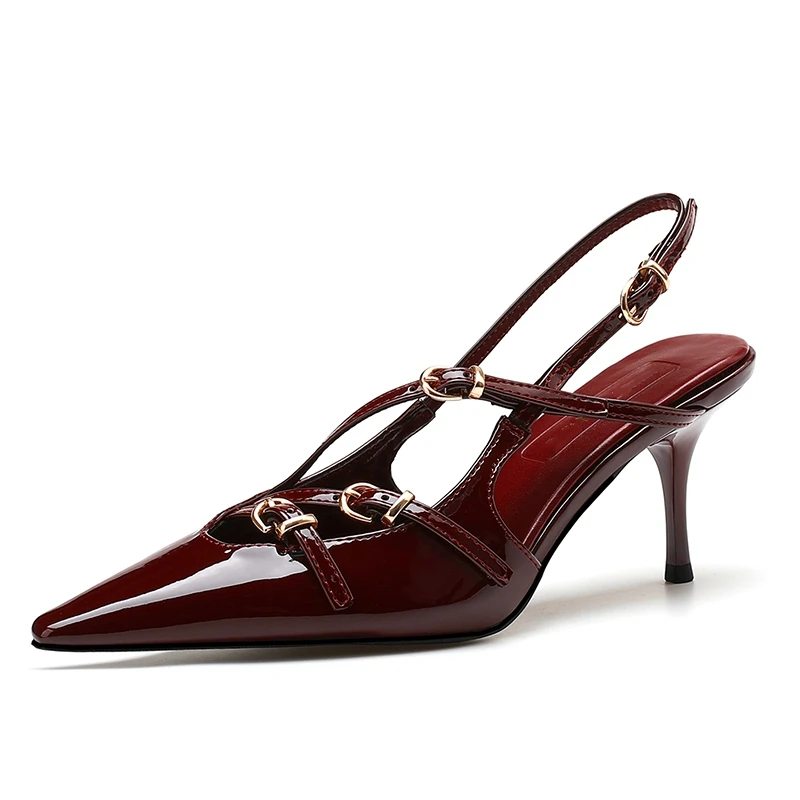 Neue Sommer-Damen-High-Heels, Zehenkappen-Lackleder-Schnallenriemen, Sandalen mit Katzenabsatz, sexy rückenfreie High Heels – Detail 1