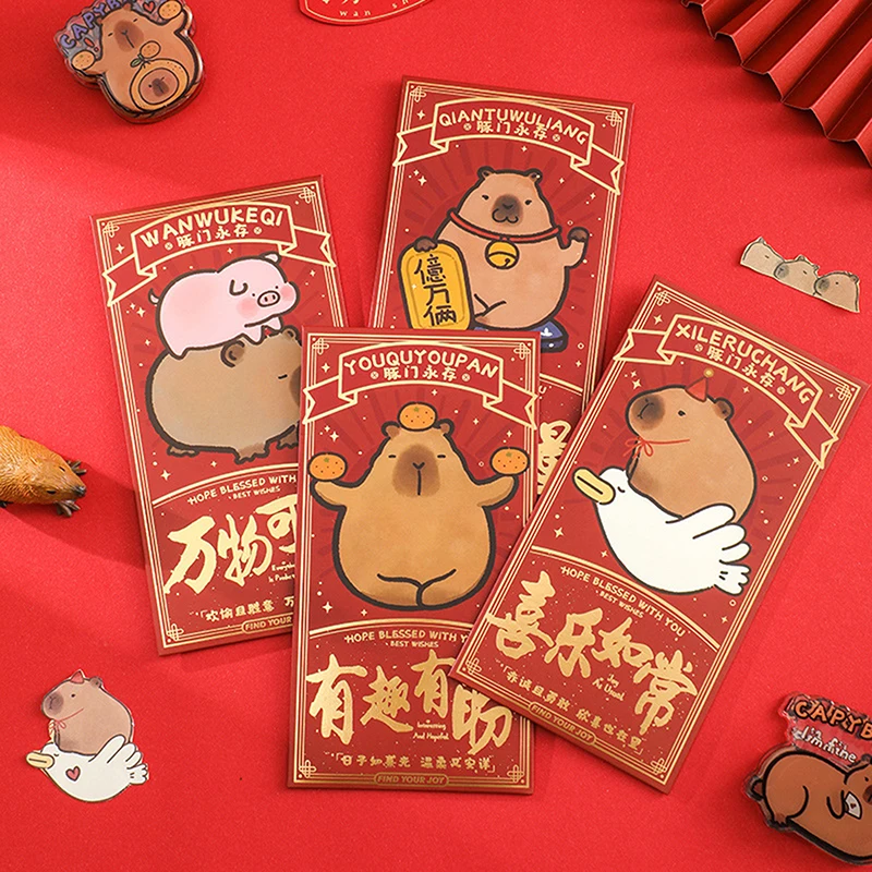 4Pcs Chinese Snake Year Red Envelopes Creative Spring Festival Red Packet Cartoon Cute Capybara Lucky Money Pockets Gifts