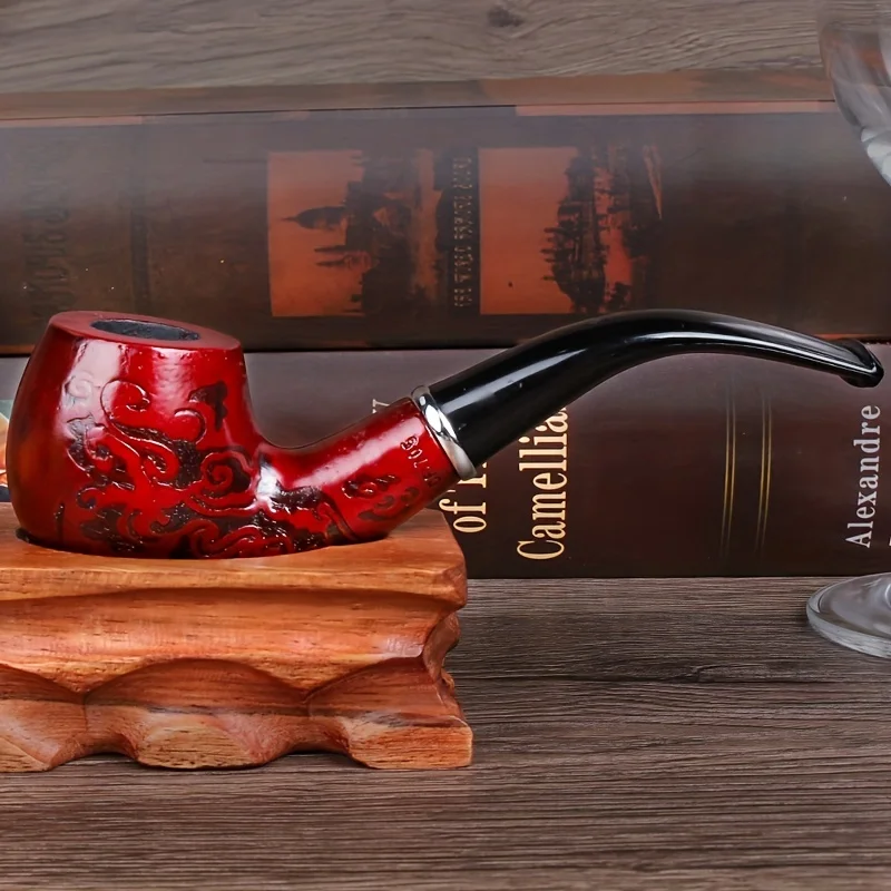 Solid Wood Resin Tobacco Pipe Red Black Pattern Carving Smoke Pipe Elbow Roll Filter Cigarette Holder Herb Grinder Smoking Tools