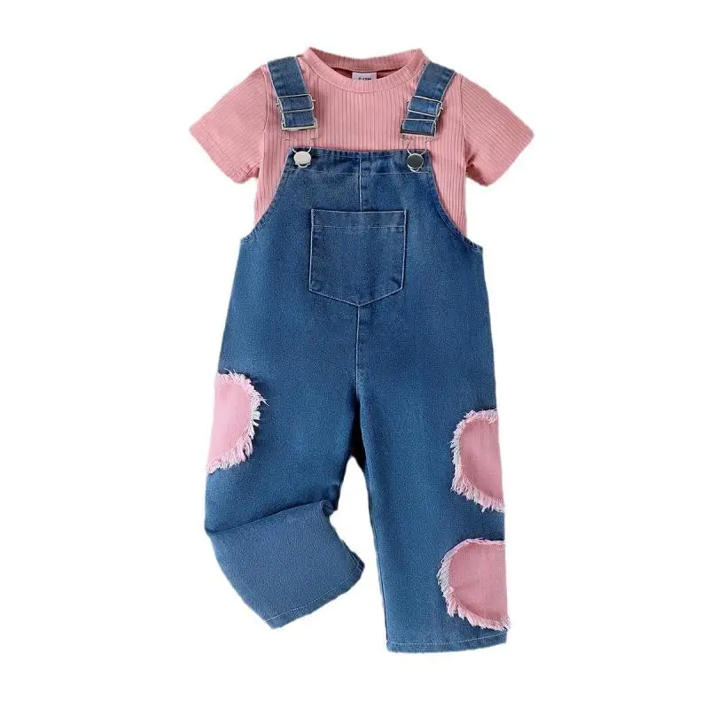 

Summer Girls New Fashion Short Sleeved T-Shirt+Love Fur Edge Sticker Denim Strap Pants Two Piece Set for Girls for 0-3 Years