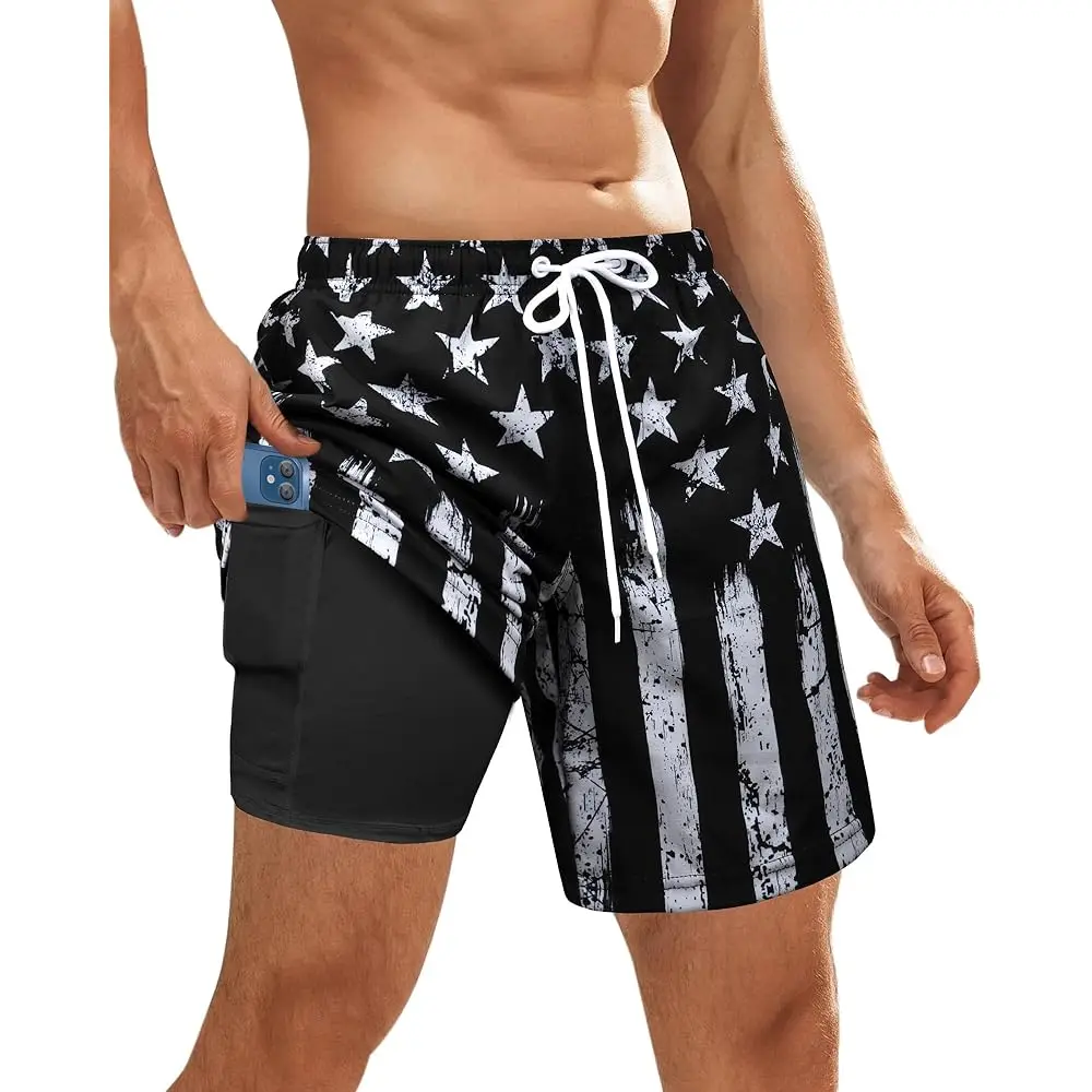 

Mens Swim Trunks Bathing Suit Mens Swimwear Shorts Quick Dry with Compression Liner Beach Board with Zipper Pock