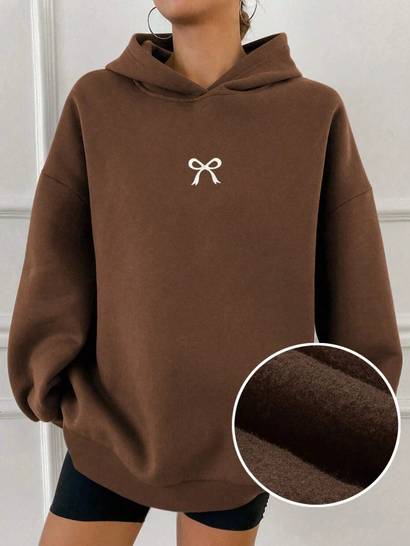 هوديي نسائي كاجوال مبطن حراريًا بلون سادة، مقاس فضفاض، بلايز بأكمام طويلة، ملابس خريفية، سويت شيرت مبطن بالصوف للخريف/الشتاء #2