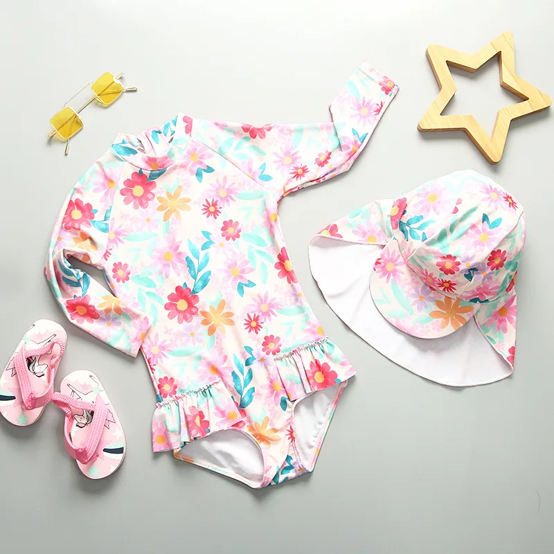 Toddler Girls Swimsuits Summer Sunscreen Children Swimming Suit Cute Kids Swimwear Long Sleeve Surfing Bathing Suits Beachwear