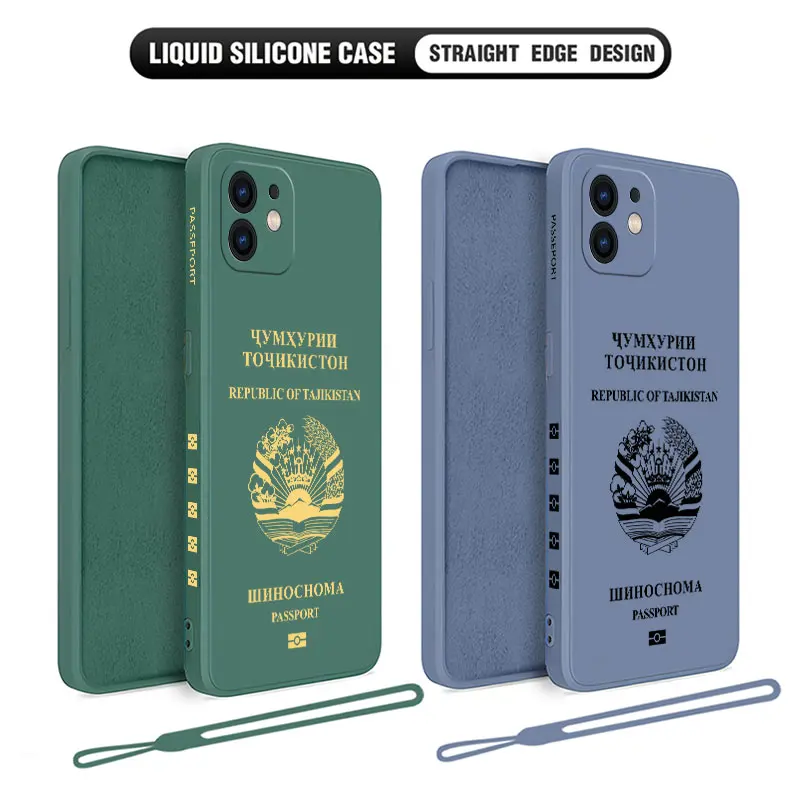 Tajikistan Passport Phone Case For iPhone 15 14 13 12 11 Pro Max Mini X XR XSMAX 8 7 6S Plus Soft Silicone Cover With Hand Strap