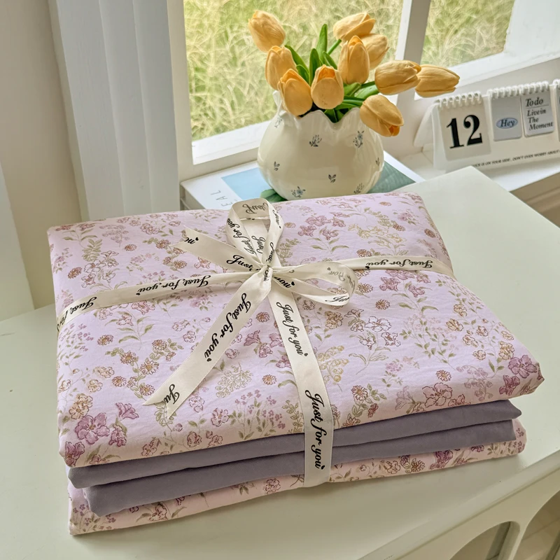 Korean Style Bedding Sets Floral Duvet Cover Pillowcase Twin Queen Full Size No Filling Flat & Fitted Sheet Set Home Decor