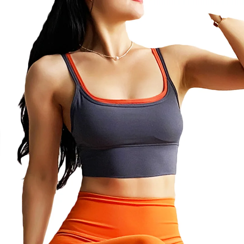 PofyBofy Fake-two Pieces Yoga U Neck Bra Sports Longline Scoop Bras Sexy Low Back Workout Crop Top Spaghetti Strap Gym Bras