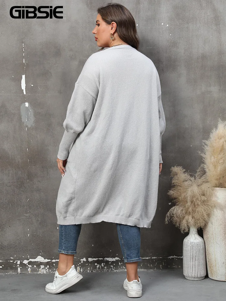 GIBSIE Plus Size Solid Drop Shoulder Knitted Long Cardigan Women 2023 Autumn Winter Pockets Casual Sweater Cardigans For Woman