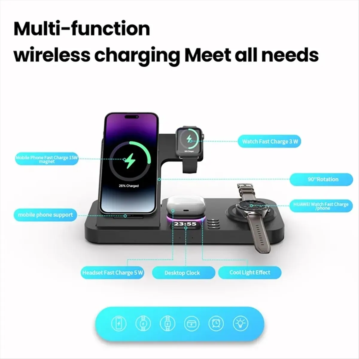 *CCNIM 30W Digital Clock Wireless Charger RGB Night Light Fast Charging Station for Smartphone Airpods Pro Apple Watch Stand,A