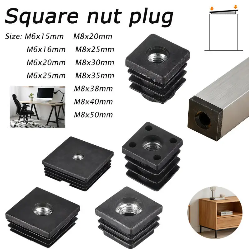 4/8/12/20pcs Black Square Pipe Plugs with Nut Hole Blanking End Inserts Caps Pipe Cover M6 M8 Furniture Leg Feet Tube Plug