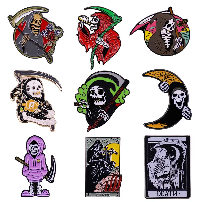 Grim Reaper Lapel Pins Collection Cat Coffin Death Brooches Surfing Ghost Beach Wave Badge Horror Gothic Halloween Decor