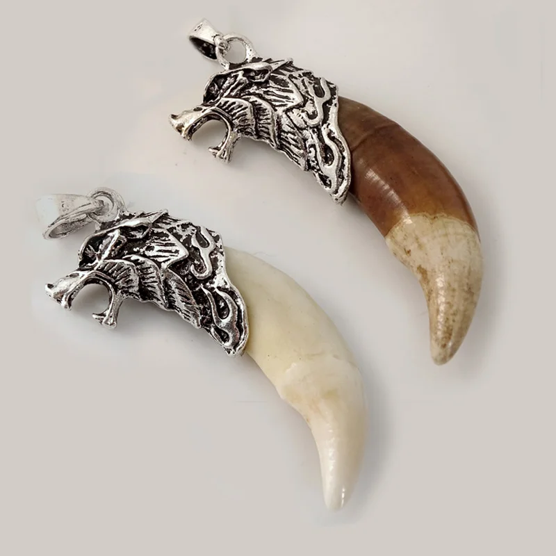 Men Antique SilverColor Tribal Stark Wolf Fang Tooth Pendant Necklace Vintage Real Natural Tooth Alloy Pendant Jewelry LY915