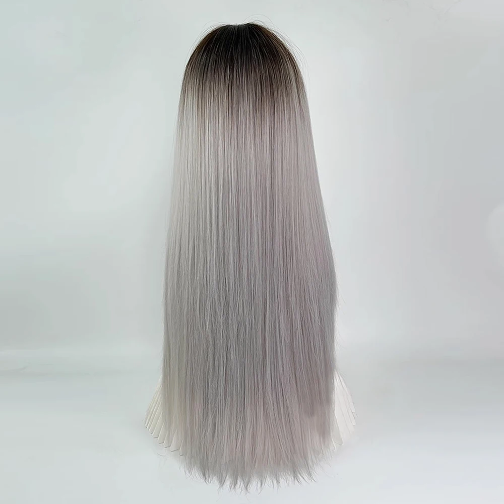 Long Straight Brown Ombre Grey Lace Synthetic Wig Middle Part Fluffy Women Fluffy Wig Heat Resistant for Daily Party