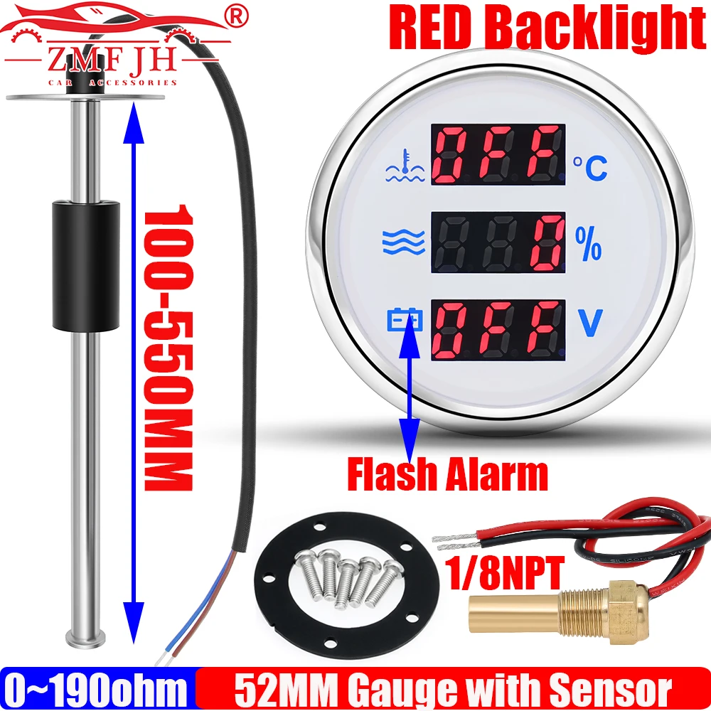 

ZMFJH Digital 52MM Water Temperature+Water Level Gauge+Voltage with Warning Red Light Car 0-190ohm Water Level Sensor 100-550MM
