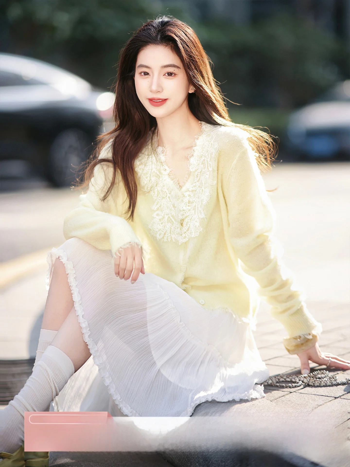 

Soft Wool Silk Cashmere Open Cardigan Handmade Lace Splicing Light Mist Camellia Fashionable Loose Fit Knitted Women's Sweater