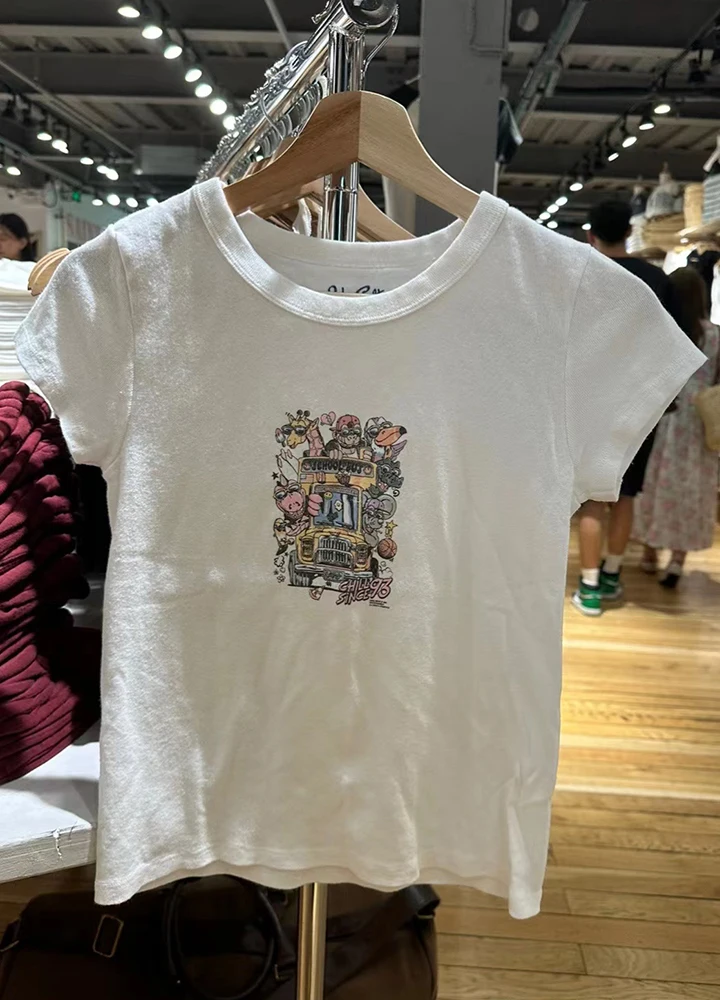 Dinossauro fofo estampado feminino camiseta fina, gola redonda, camiseta casual de algodão manga curta, Harajuku Vintage, top doce, Y2K, verão