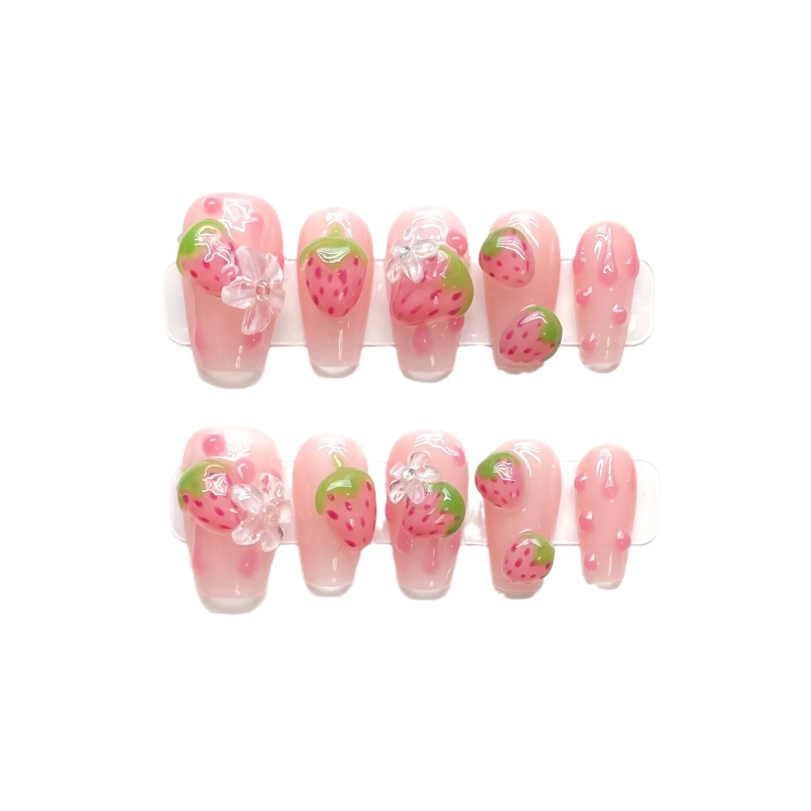 Uñas postizas hechas a mano para mujer, uñas postizas con diseño de fresa Rosa 3D, decoración de uñas de manicura coreana, 10 piezas