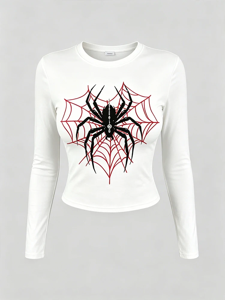 American Spider Rotes Spinnennetz-Print Langarm-T-Shirt für Damen - Rundhals Enganliegendes Kurzarm-T-Shirt mit Tiefem Ausschnitt und Stretch – Detail 3