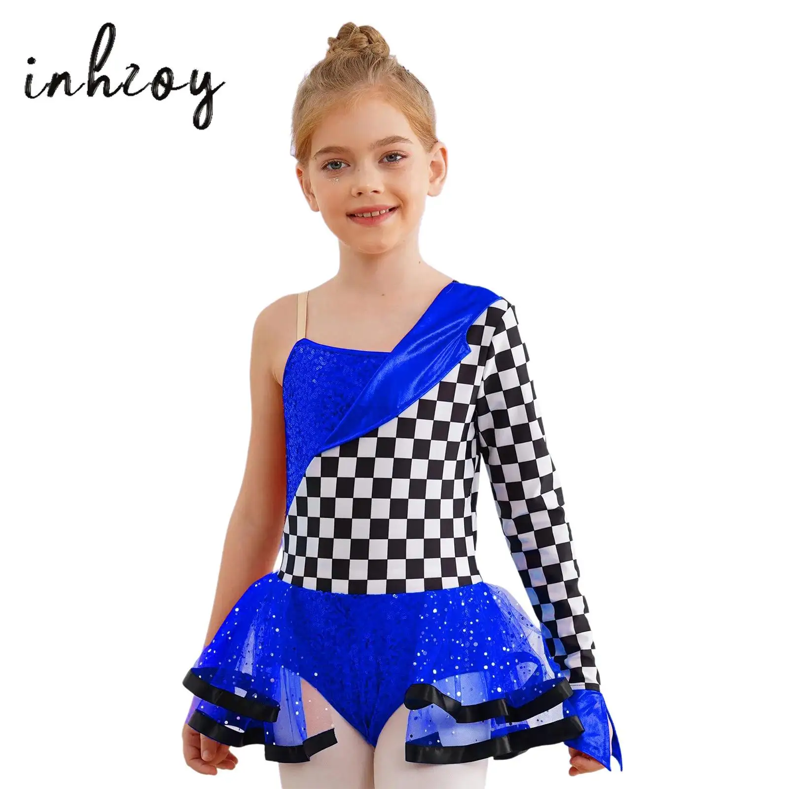 

Girls Sequins Racer Bodysuit Halloween Race Car Driver Fancy Dress up Costume One Shoulder Single Sleeve Checkerboard Tutu Dress