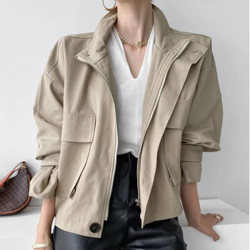 

Chic Autumn Outerwear Women's Vintage Stand Collar Zipper Loose Large ket Design Long Sve Workwear Jaet ort Top