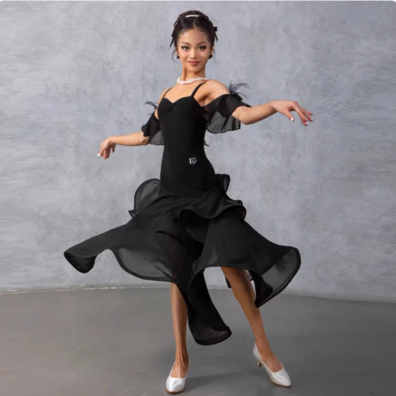Customized 2-Piece Set of Girls' Latin Modern Art Exam Dance Costume National Standard Dance Double-Layer Large Swing Skirt