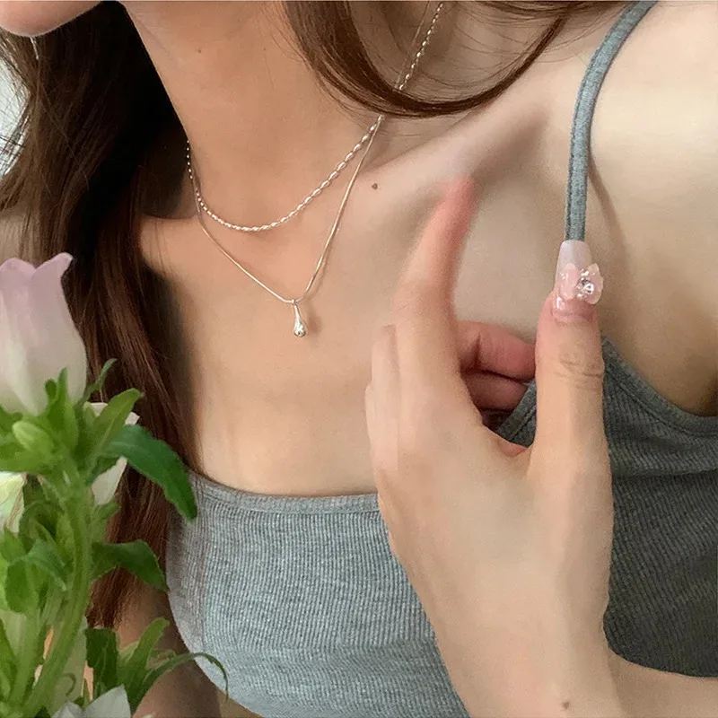 Nova cor de prata design simples longo gota pingente colar para mulheres meninas dupla camada clavícula corrente moda jóias presentes