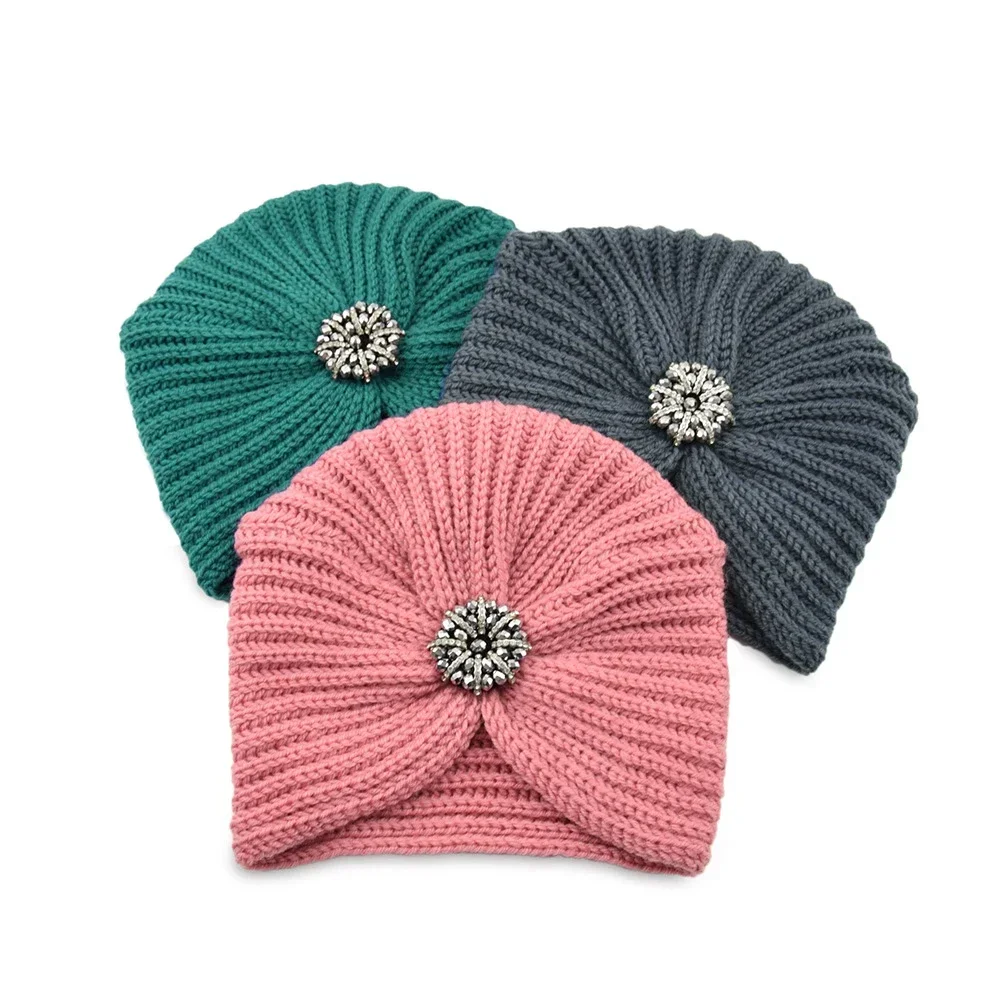 Bohemian Style Winter Woolen Flower Drill Belt Knitted Hat European and American  Women Turbans Cap