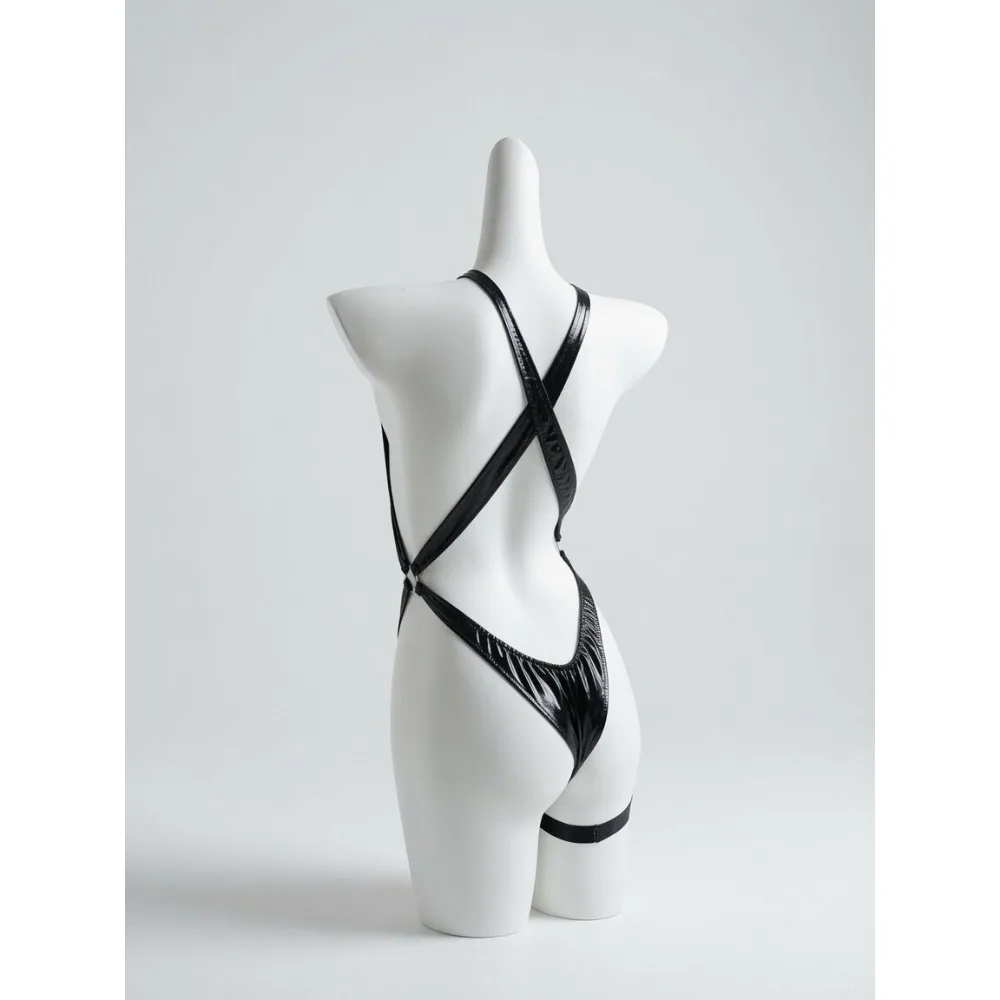 NIKKE Cinderella Cosplay Full Set Black Patent Leather Swimsuit Bodysuit with Choker Waist Chain Private Photoshoot Costume