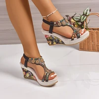 Woman Leather Summer Fashion Wedge Female Large Size Mid-heeled Platform Black New Comfortable Retro Sandals for Women - Image 2