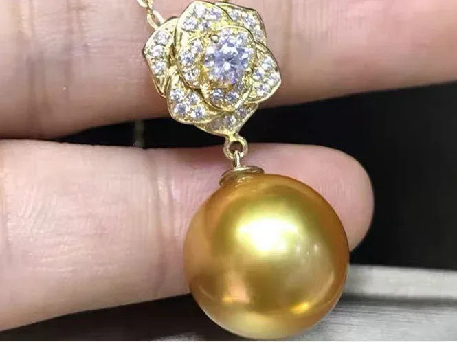 

Luxury Huge 12-13mm Genuine Gold Perfect Round Pearl Pendant Necklace Women Jewelry Wedding Party Gift 925 Sterling Silver 66AAA