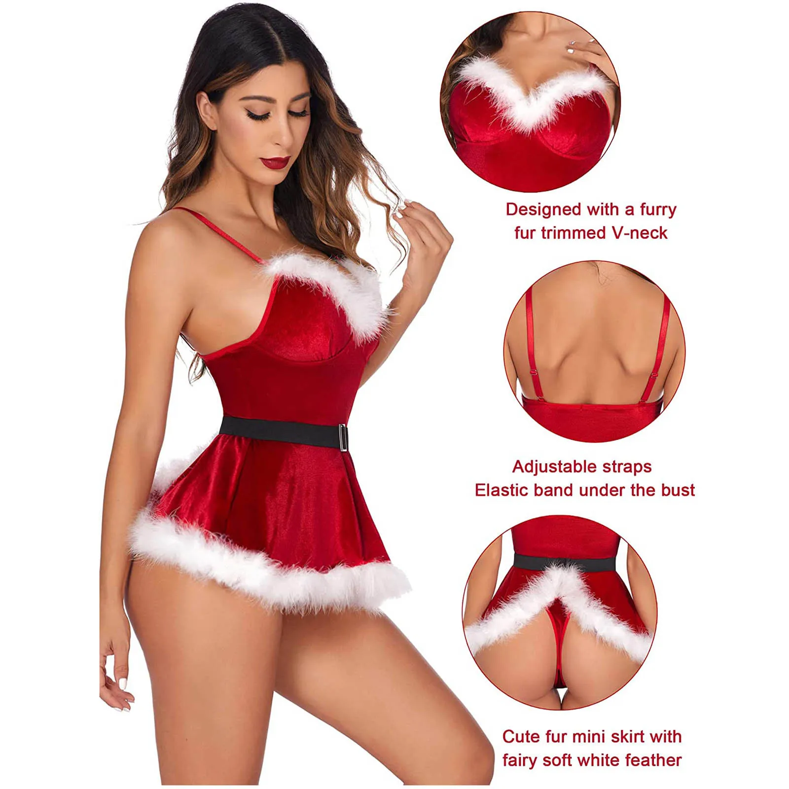 Two Piece Christmas Bodysuit Lingerie Women Cosplay Santa Claus Costume Underwear Theme Party Clubwear Trim Velvet Dress Belt