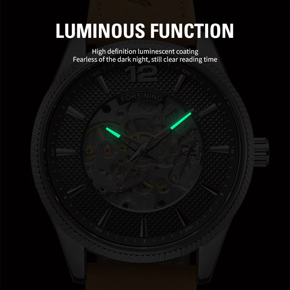 FORSINING الراقية الفاخرة عارضة أزياء الرجل الأزرق الساعات الصلب الهيكل العظمي الميكانيكية ووتش الحركة التلقائية ساعة يد جلدية