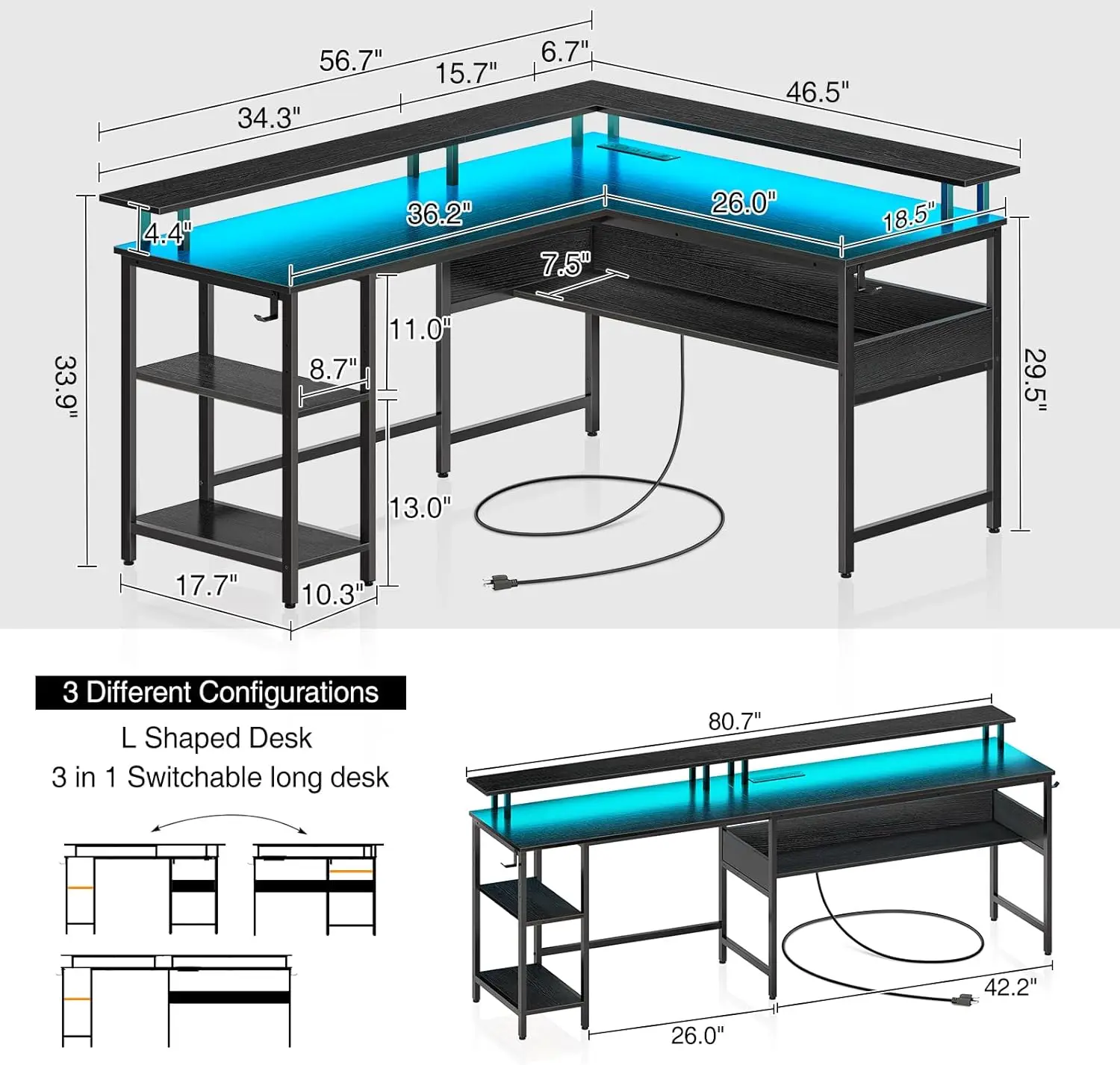 Mesa de computador Rolanstar em forma de L de 56,7" com luzes LED e tomadas de energia, mesa de jogos reversível em forma de L com suporte para monitor