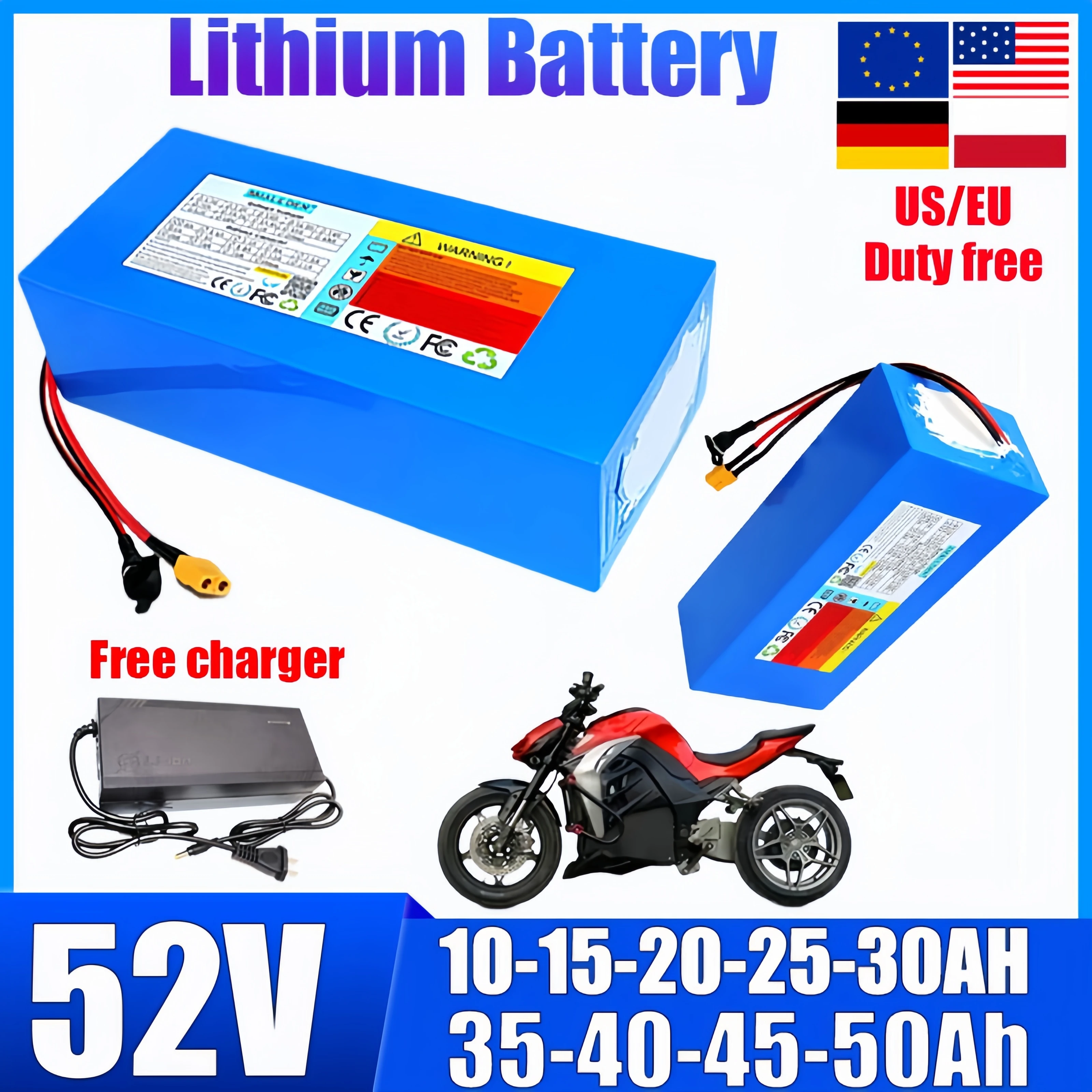 

52V 10Ah 15Ah 20Ah 25AH 30Ah 35ah 40Ah 45Ah 50Ah Lithium Battery Pack 21700 High Power for E-Motorcycle Scooter Universal Cell