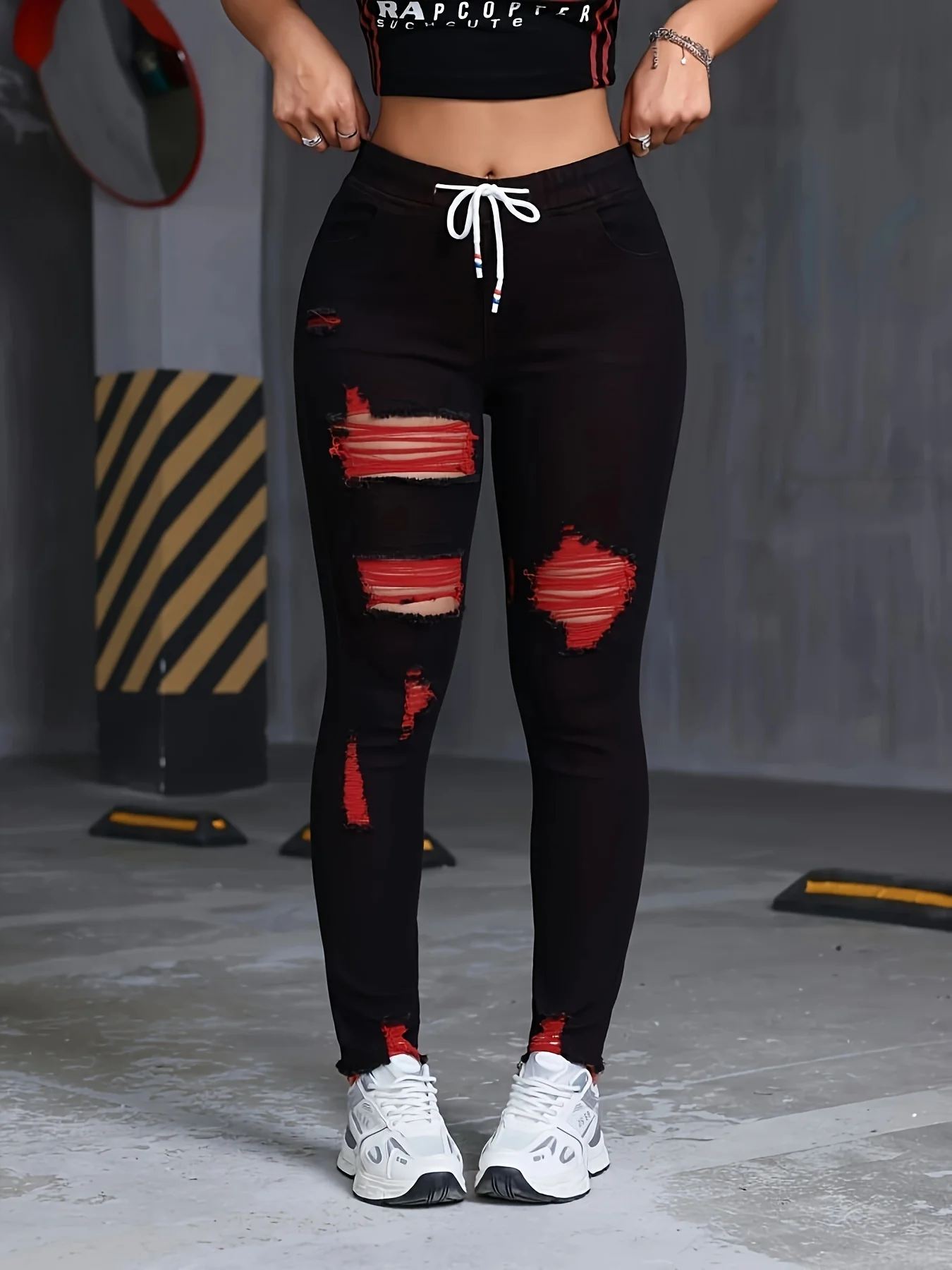 Vaqueros elásticos para mujer, cintura elástica, cordón, elegante, rojo desgastado, flaco, estilo de diseñador personalizado, adecuado para todas las estaciones