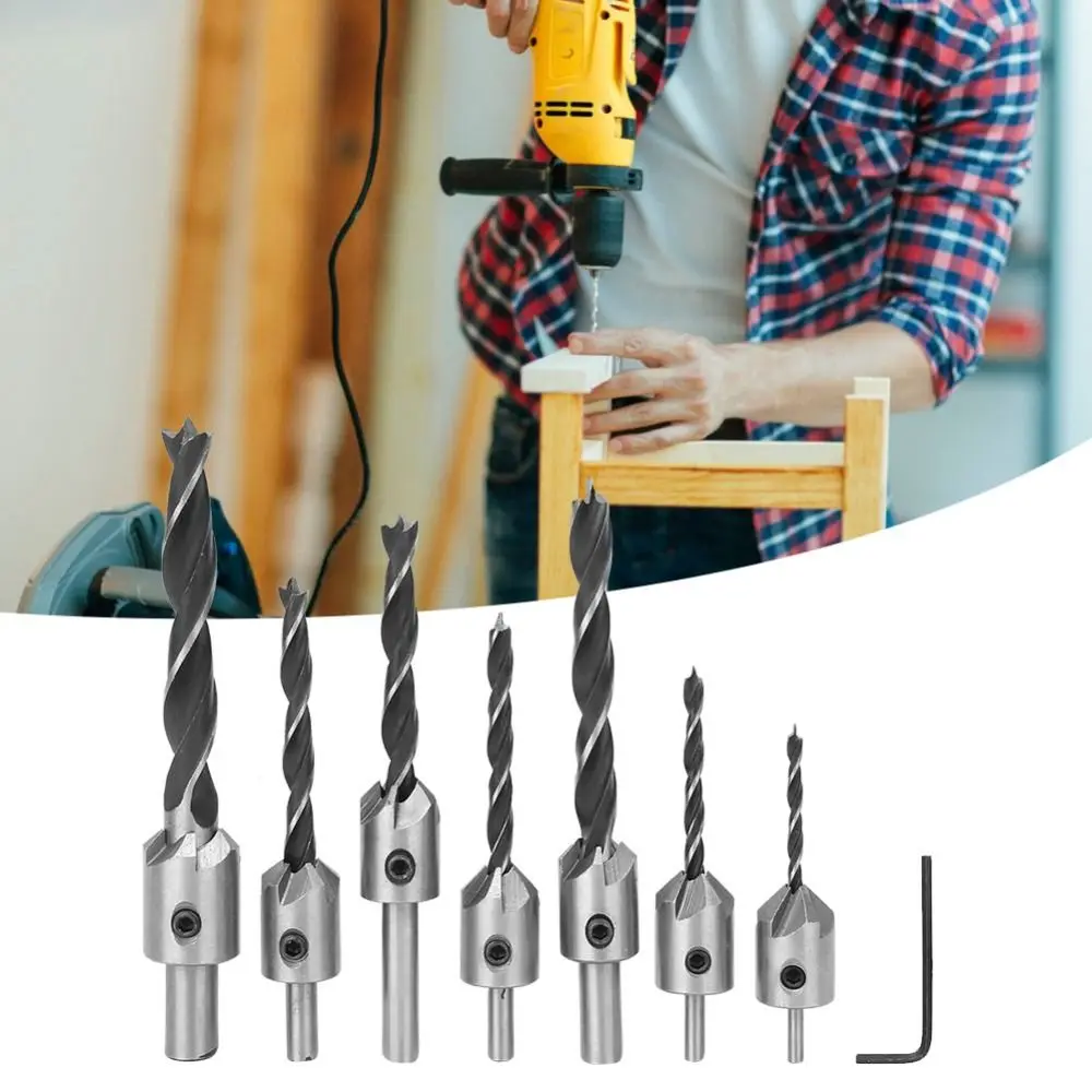 7 قطع من الصلب الكربوني مجموعة لقمة ثقب غاطسة 5 تصميم فلوت مع مفتاح ربط سداسي الخشب مثقاب مثقاب نطاق حجم 3-10 مللي متر #3