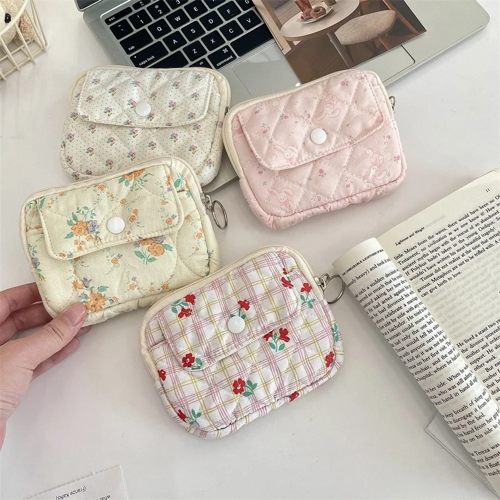 New Portable Cartoon Floral Coin Purse Multifunctional Key Coin Purse Card Bags Quilted ID Holder Card Hold