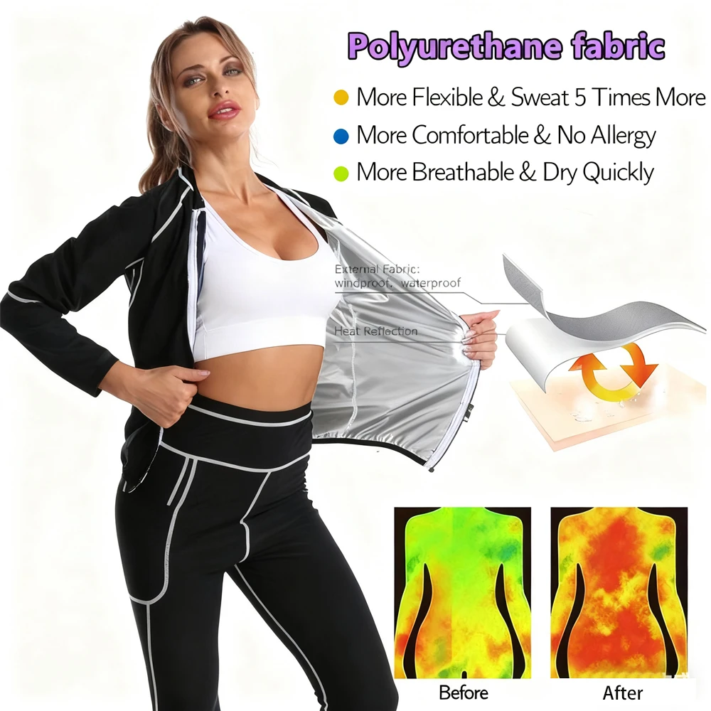 1PCS Sauna Suit for Women Sweat - Long Sleeve Shirt Workout Body Shaper Zipper Top Slimming Fitness Trainer Gym