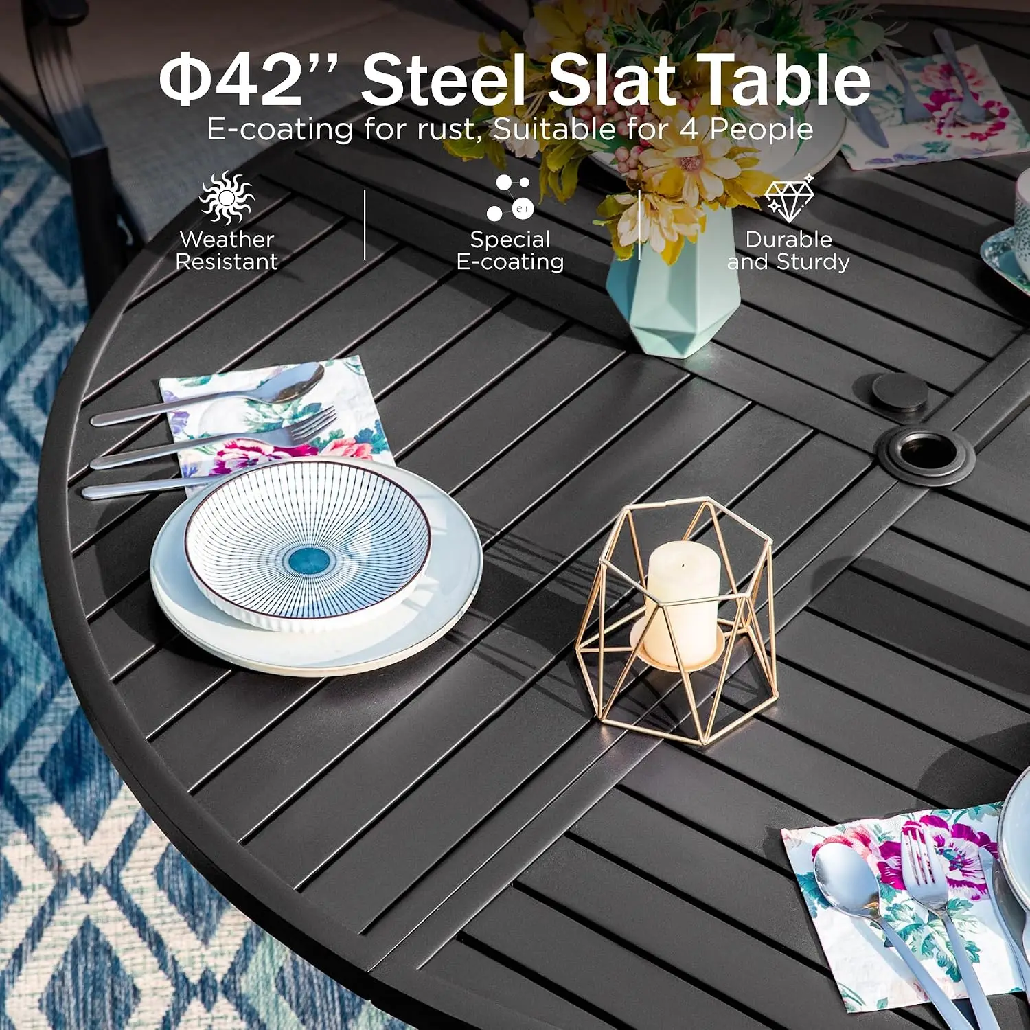 5 Pcs Patio Dining Set for 4, Round Metal Table & Mesh Chairs, Customized