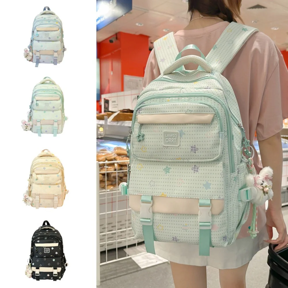 Lightweight nylon women's backpack, color-blocking five-pointed star polka dot student backpack, large-capacity travel backpack