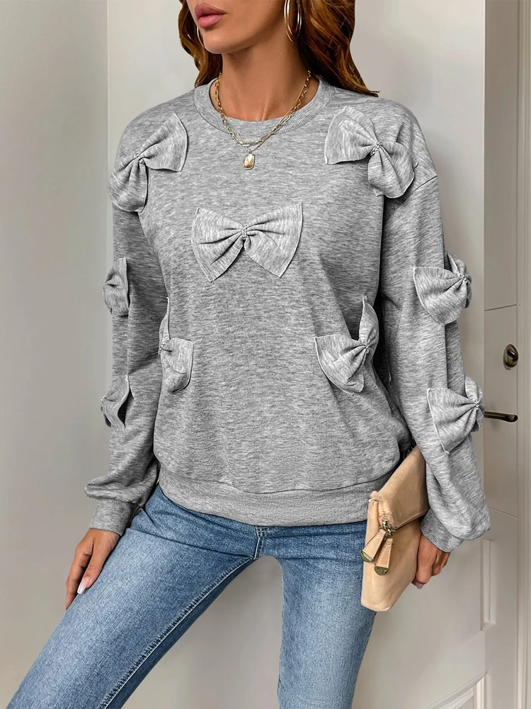 Bowknot Decor Long Sleeve Pullover Round Neck Sweatshirt Top Spring Casual Sporty Wear