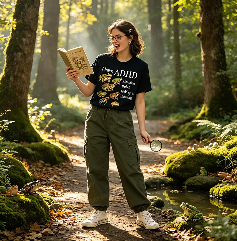 I Have ADHD Frog Lover Nature Forest Animals Funny T-Shirt Y2k Aesthetic Clothes, Camping Trips, Hiking Adventures Saying Tee