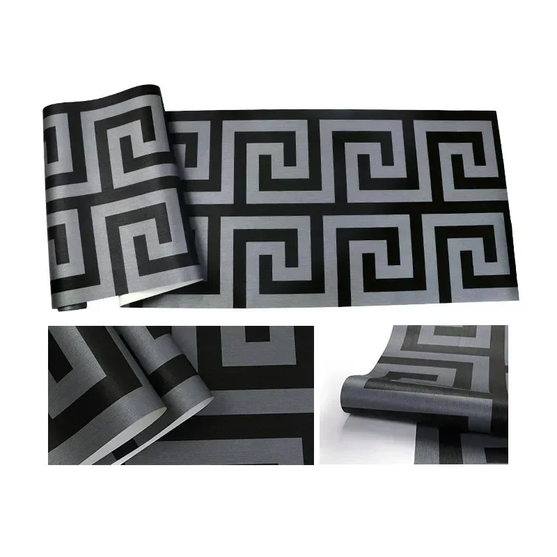 3D Geometric Wall Papers Black Luxury Satin Greek Key Wallpaper Home Decor Non Self adhesive Wallpaper for Living Room Bedroom