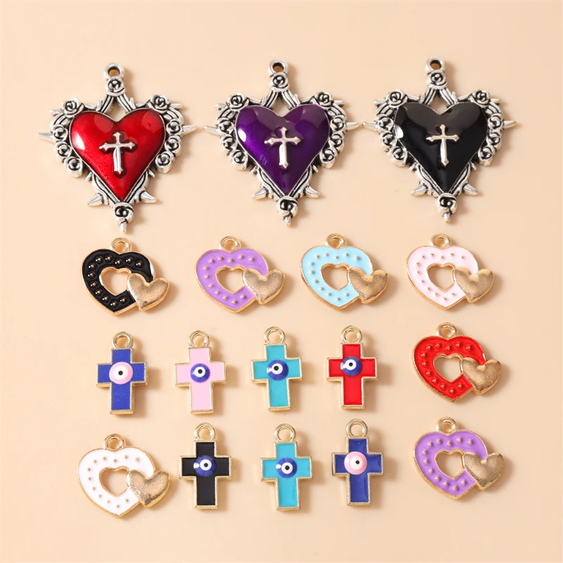10 Stück niedliche, gemischte Emaille-Herz- und Kreuz-Anhänger zum Basteln von Ohrringen, Anhängern, Halsketten, Armbändern, DIY-Handarbeiten und Schmuckzubehör – Detail 1