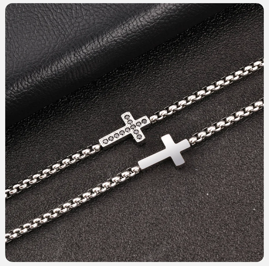 Vnox Edelstahl-Kreuzarmbänder für Männer und Frauen, schwarzes CZ-Armband mit christlicher Kastenkette, verstellbar, silberfarben, Schmuckgeschenke – Detail 6